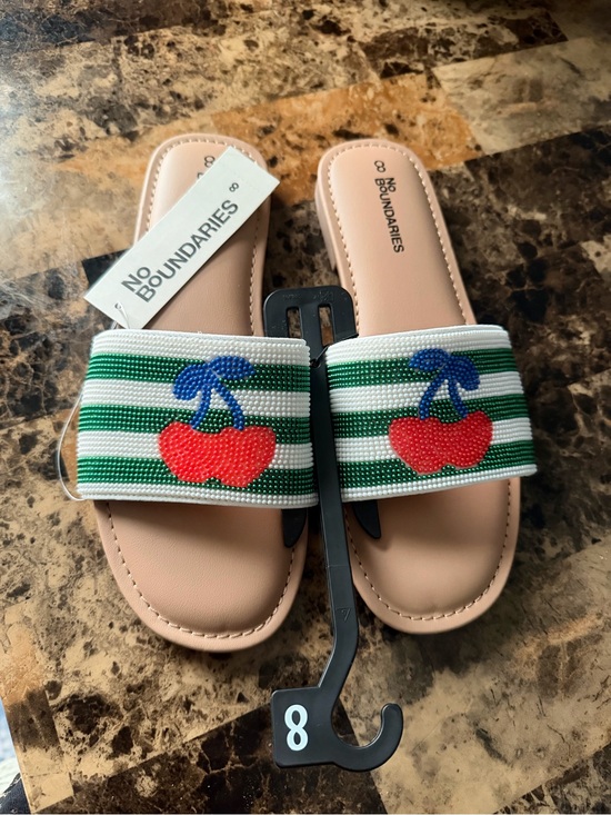 No Boundaries Shoes - No Boundaries Pink Footbed Green & White Stripe Slide Sandals with Cherry Accent